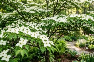Asiatischer Blüten-Hartriegel mit weißen Hochblättern im Garten