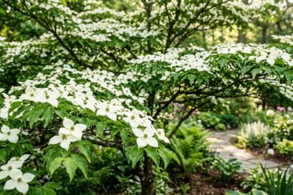 Asiatischer Blüten-Hartriegel mit weißen Hochblättern im Garten