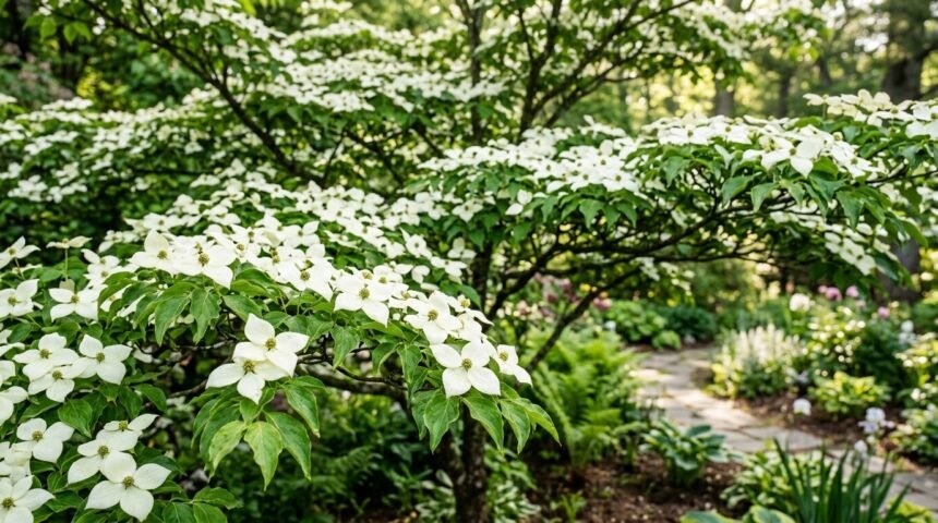 Asiatischer Blüten-Hartriegel mit weißen Hochblättern im Garten