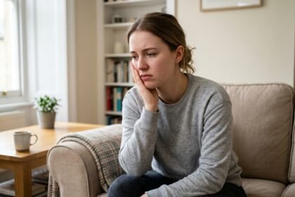 Frau hält sich die Wange nach einer Weisheitszahn-OP