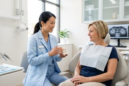 Zahnärztin im Behandlungszimmer bespricht die Nachsorge mit einer Patientin
