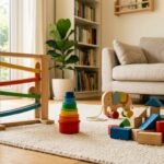 Spielzeug ab 1 Jahr: Holzspielzeug, Stapelbecher und Kugelbahn auf einem Teppich