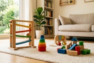 Spielzeug ab 1 Jahr: Holzspielzeug, Stapelbecher und Kugelbahn auf einem Teppich