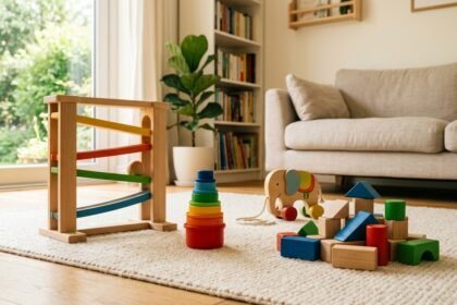 Spielzeug ab 1 Jahr: Holzspielzeug, Stapelbecher und Kugelbahn auf einem Teppich