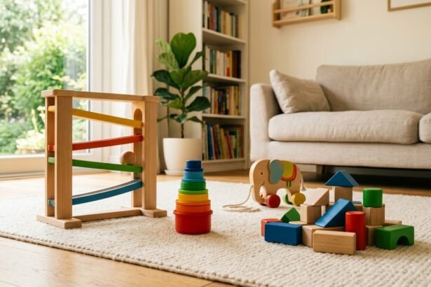 Spielzeug ab 1 Jahr: Holzspielzeug, Stapelbecher und Kugelbahn auf einem Teppich