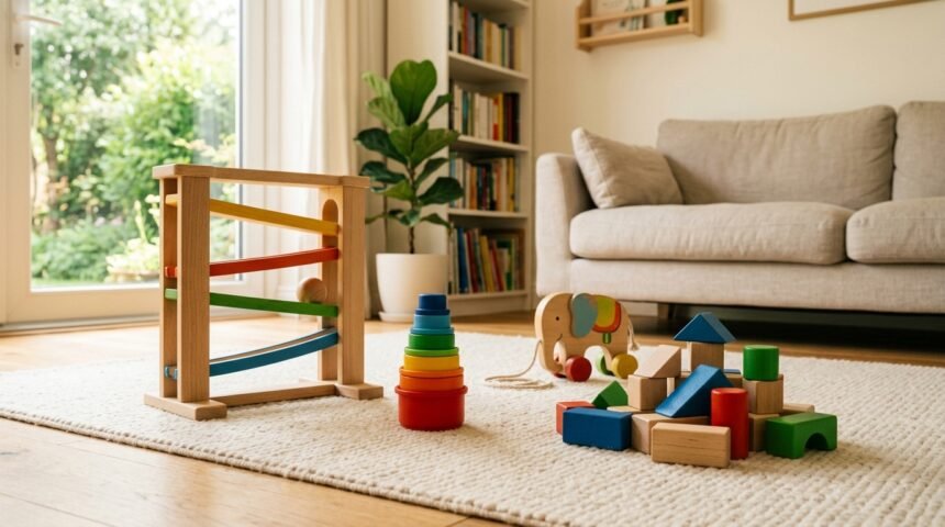 Spielzeug ab 1 Jahr: Holzspielzeug, Stapelbecher und Kugelbahn auf einem Teppich