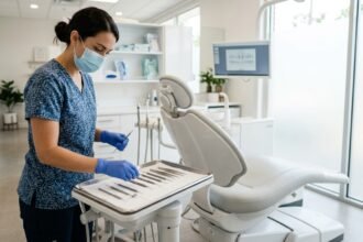 Prophylaxe-Assistentin bereitet die Instrumente für die professionelle Zahnreinigung vor