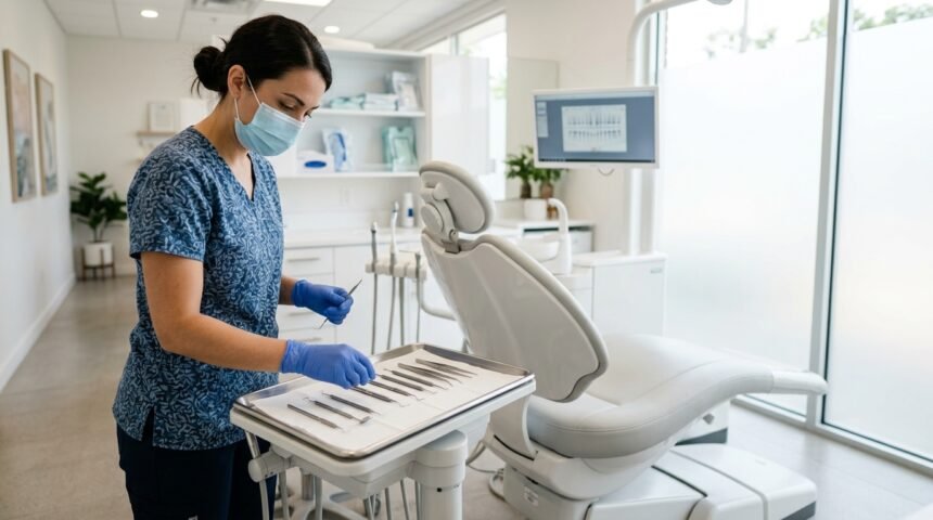 Prophylaxe-Assistentin bereitet die Instrumente für die professionelle Zahnreinigung vor