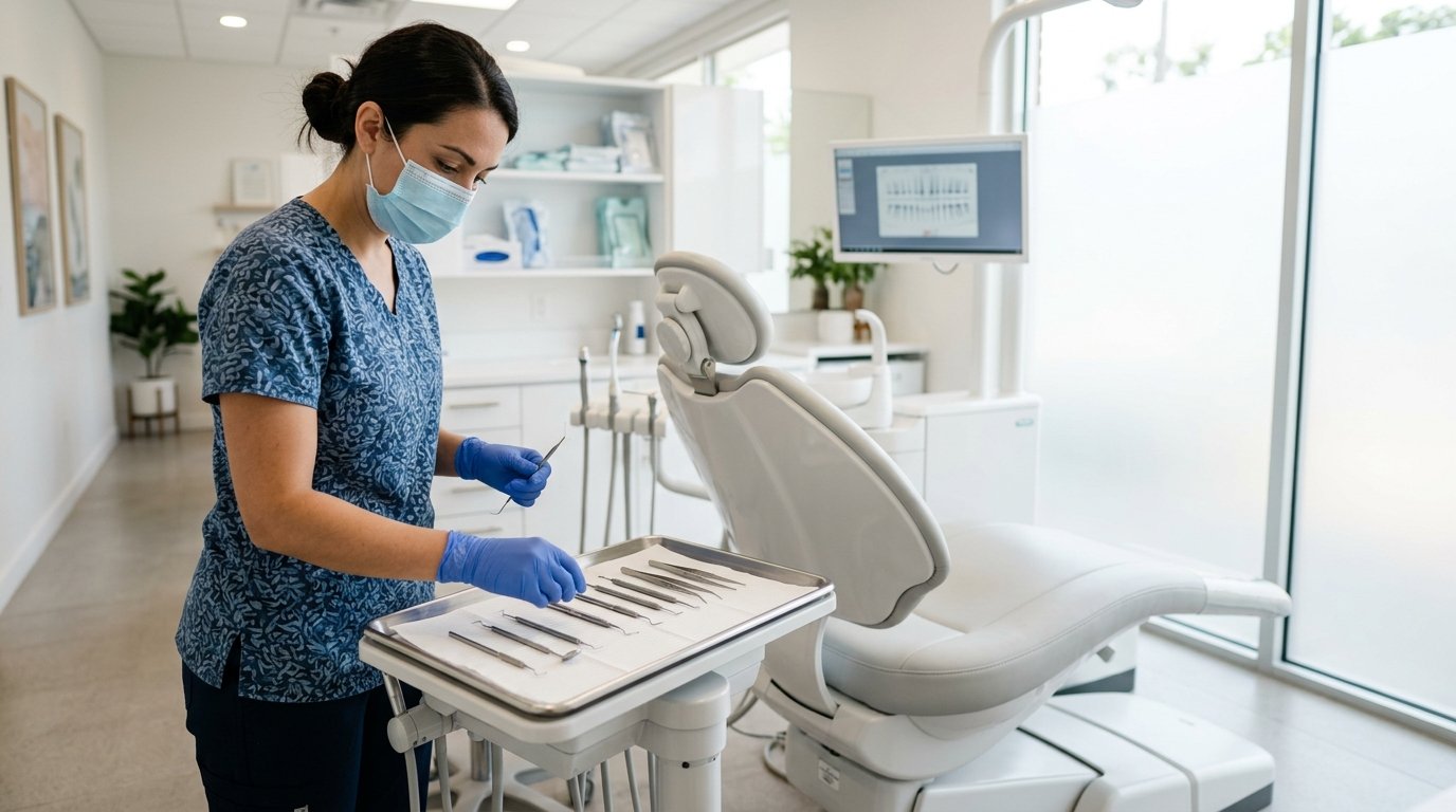 Prophylaxe-Assistentin bereitet die Instrumente für die professionelle Zahnreinigung vor