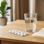 Antibiotikum-Tabletten und ein Glas Wasser auf einem Tisch