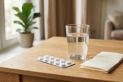 Antibiotikum-Tabletten und ein Glas Wasser auf einem Tisch