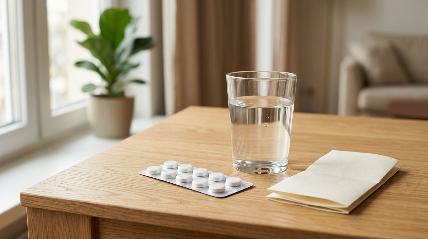 Antibiotikum-Tabletten und ein Glas Wasser auf einem Tisch
