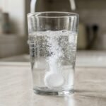 Eine Tablette löst sich sprudelnd in einem Glas Wasser auf