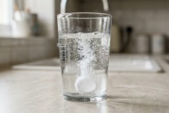 Eine Tablette löst sich sprudelnd in einem Glas Wasser auf