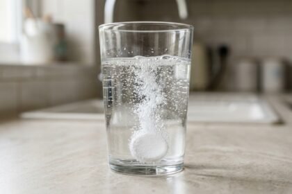 Eine Tablette löst sich sprudelnd in einem Glas Wasser auf