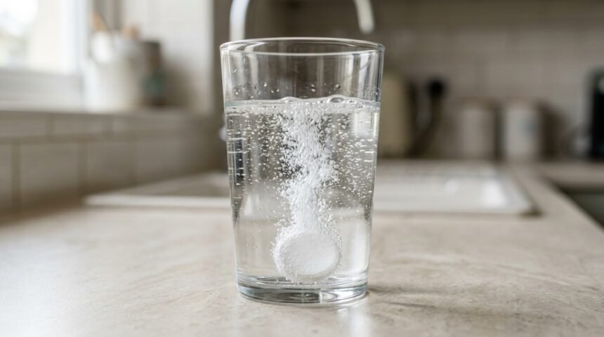 Eine Tablette löst sich sprudelnd in einem Glas Wasser auf