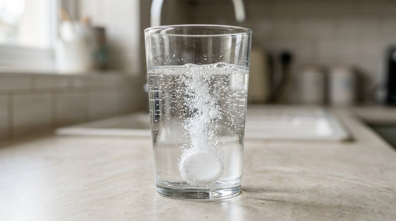 Eine Tablette löst sich sprudelnd in einem Glas Wasser auf