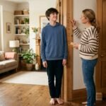 Jugendlicher wird zu Hause am Türrahmen gemessen