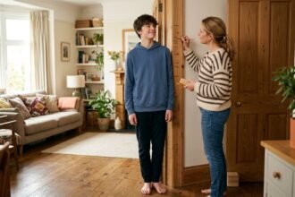 Jugendlicher wird zu Hause am Türrahmen gemessen