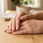 Gepflegte Hände mit kurz geschnittenen Fingernägeln auf einem hellen Tisch