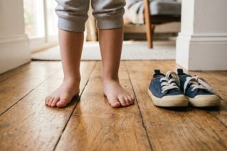 Kind steht barfuß auf einem Holzboden neben einem Paar Kinderschuhe
