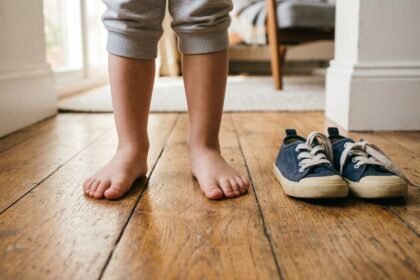 Kind steht barfuß auf einem Holzboden neben einem Paar Kinderschuhe