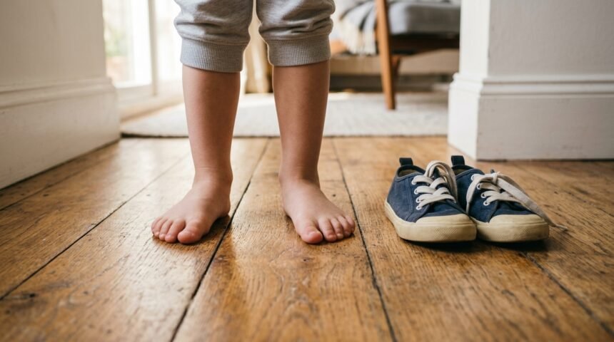 Kind steht barfuß auf einem Holzboden neben einem Paar Kinderschuhe